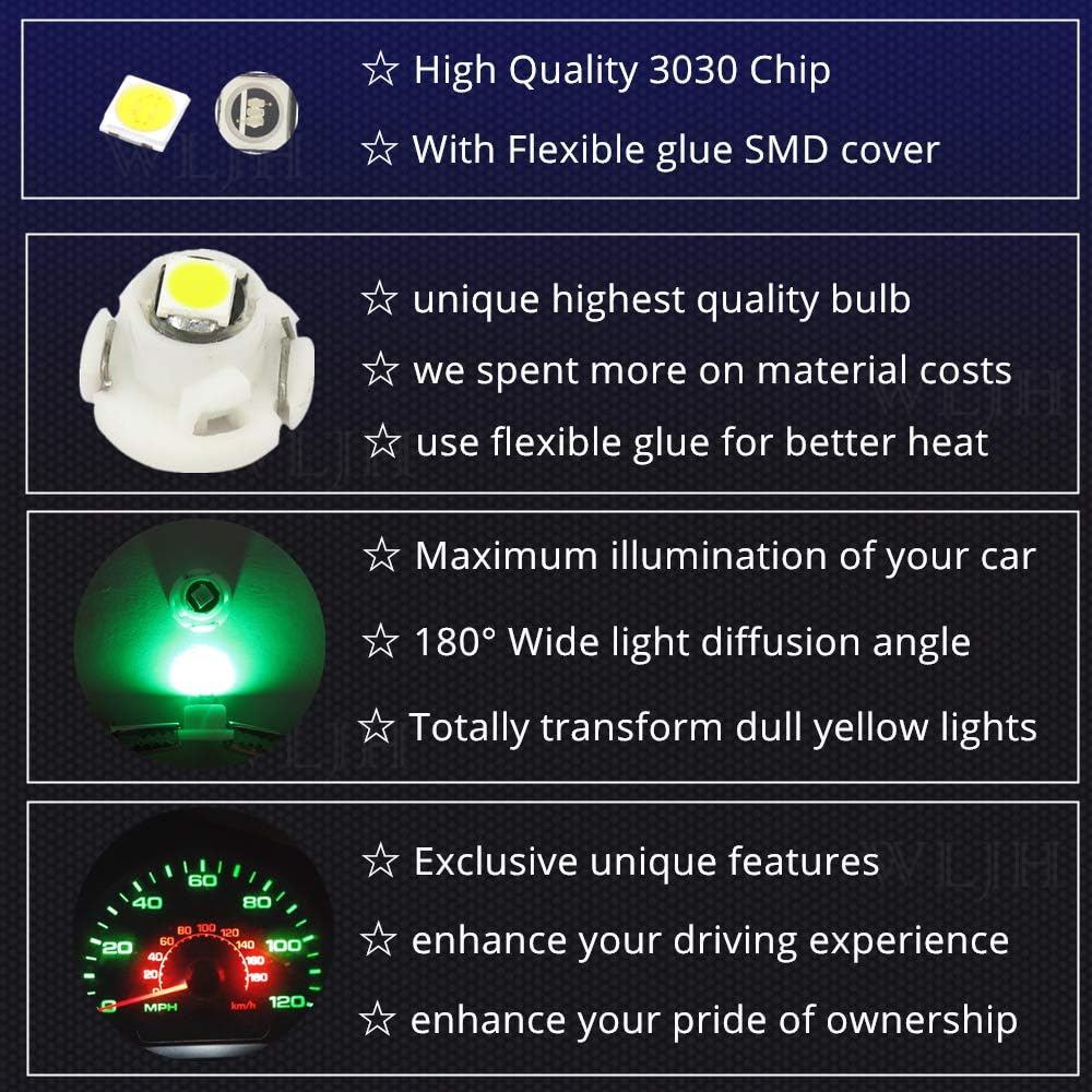 WLJH 10 bombillas LED verde T4.2 Neo Wedge 3030 Chipest 0.394 in Base de instrumento de coche Cluster Dashboard Gauge Bulb HVAC AC Heater Climate
