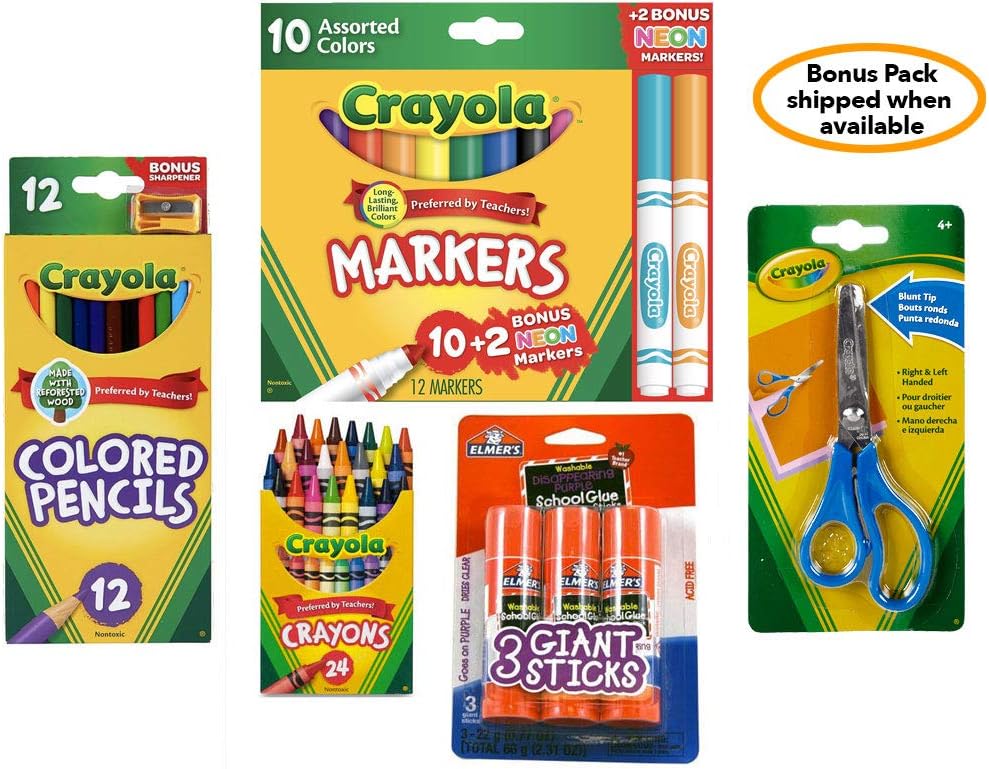 Paquete básico de regreso a la escuela de Crayola  5 artículos  Crayola Crayons, Crayola Markers, Crayola lápices de colores, barras de pegamento