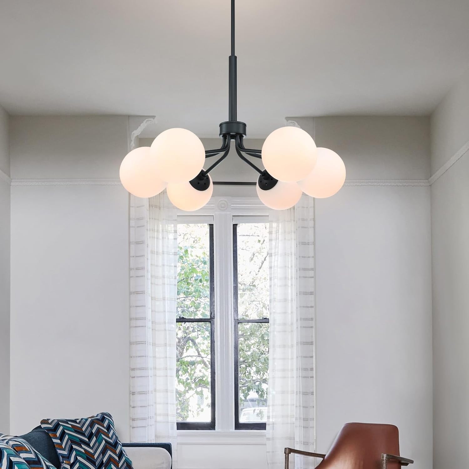 XiNBEi Lighting Candelabro Sputnik de globo de cristal moderno negro colgante lámpara de techo 6 lámparas para comedor, sala de estar, cocina