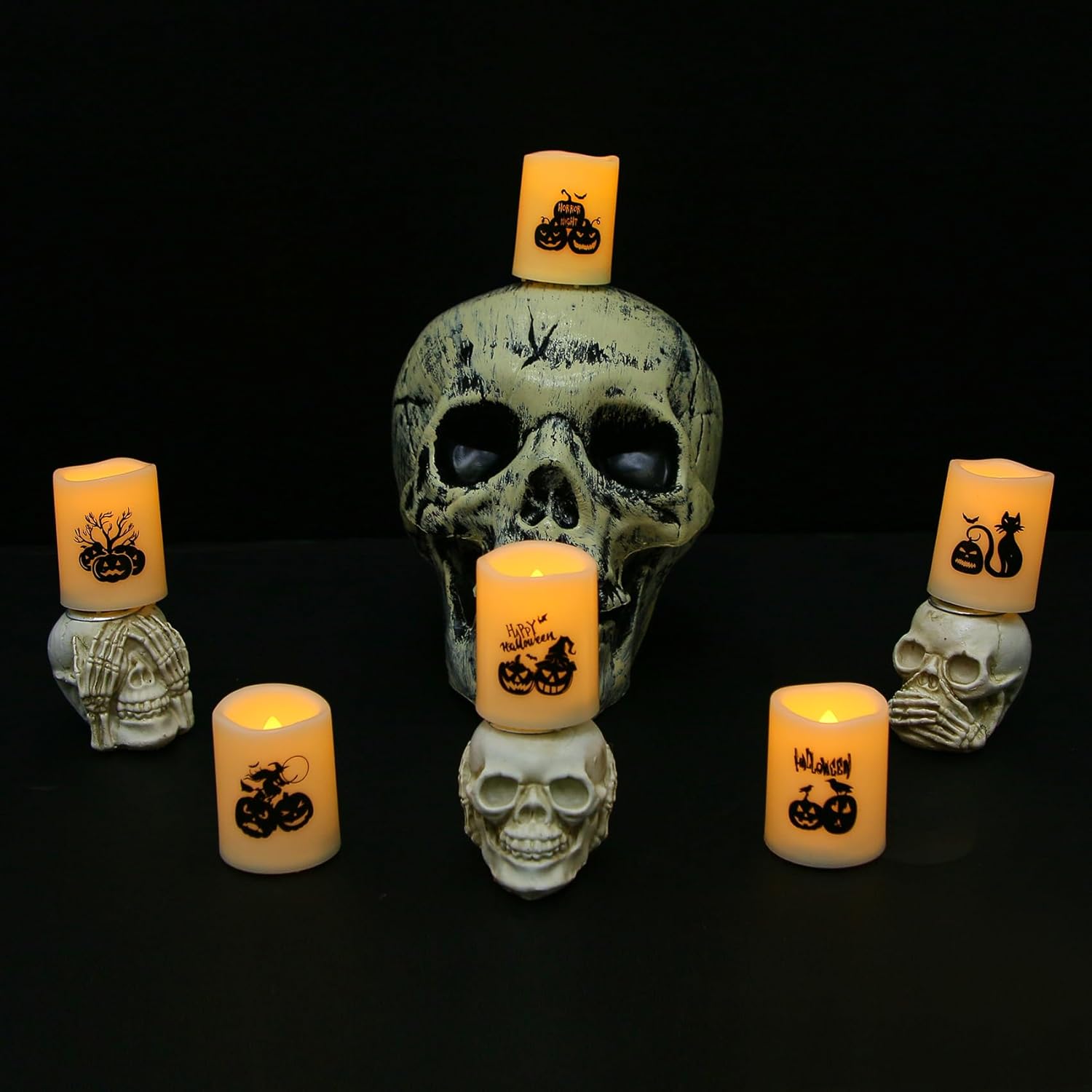 Velas votivas de Halloween sin falma, más de 200 horas, velas LED parpadeantes con calcomanías de calabazas para decoración del hogar de Halloween,