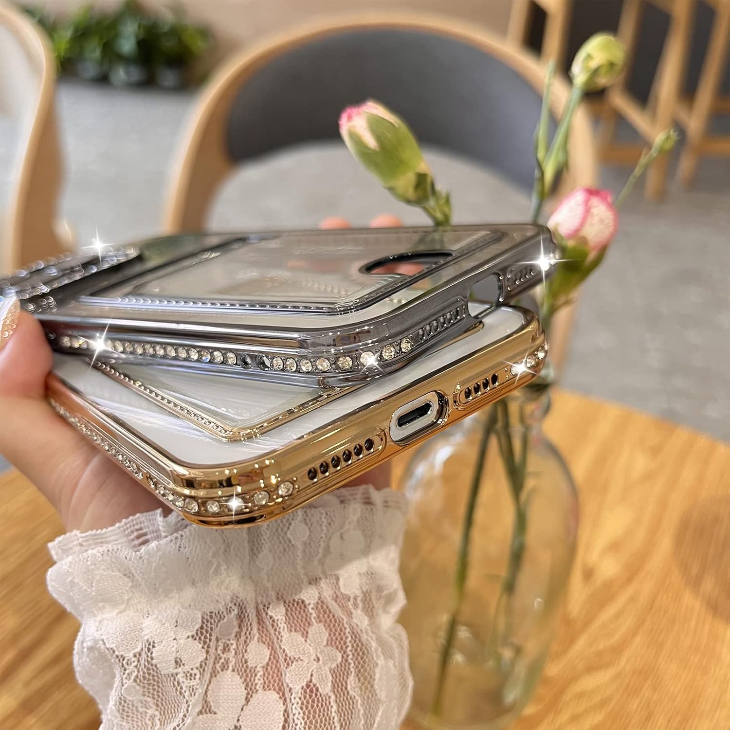 MZELQ Funda tipo cartera chapada para iPhone 14 Pro, tarjetero con diamantes con purpurina brillante, protección para cámara, funda de lujo + 2