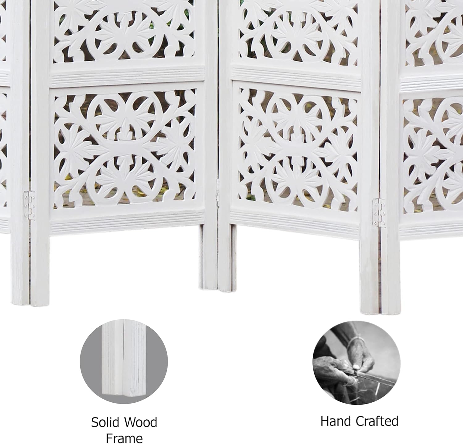 Rania – Partición de madera para separar habitaciones, color blanco antiguo, 4 paneles plegables de 72 x 80 pulgadas, intrincada tallada a mano,