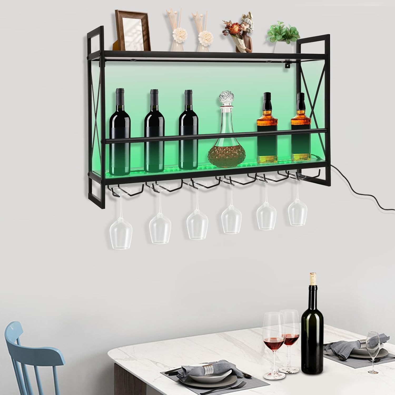KONGKUNI Estante industrial de pared para vino de 2 niveles, estante de vino de 31.5 pulgadas con luz LED, soporte rústico para botellas de vidrio,
