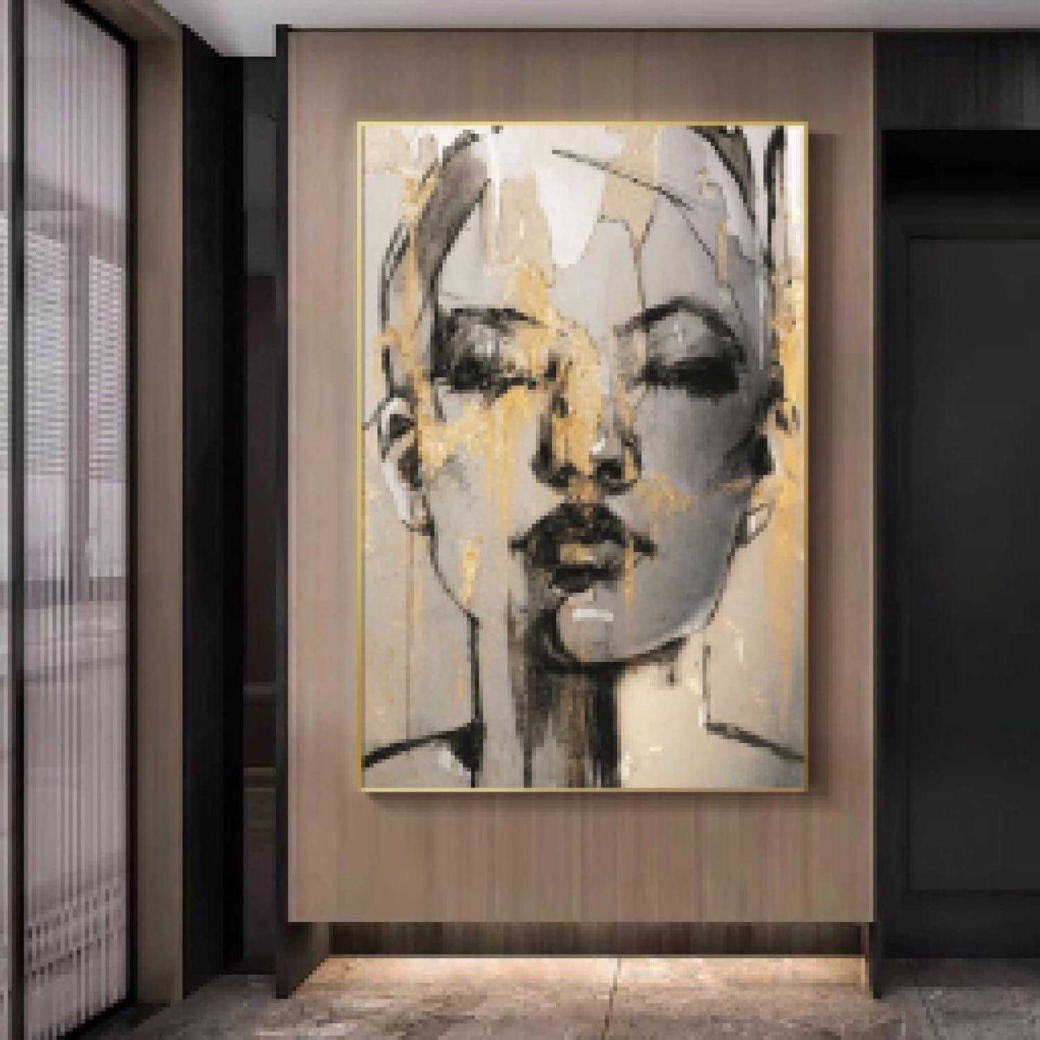 Pintura de arte moderno, lienzo negro con retrato de belleza, impresión en lienzo para sala de estar, marco negro, decoración de pared, 31 x 57