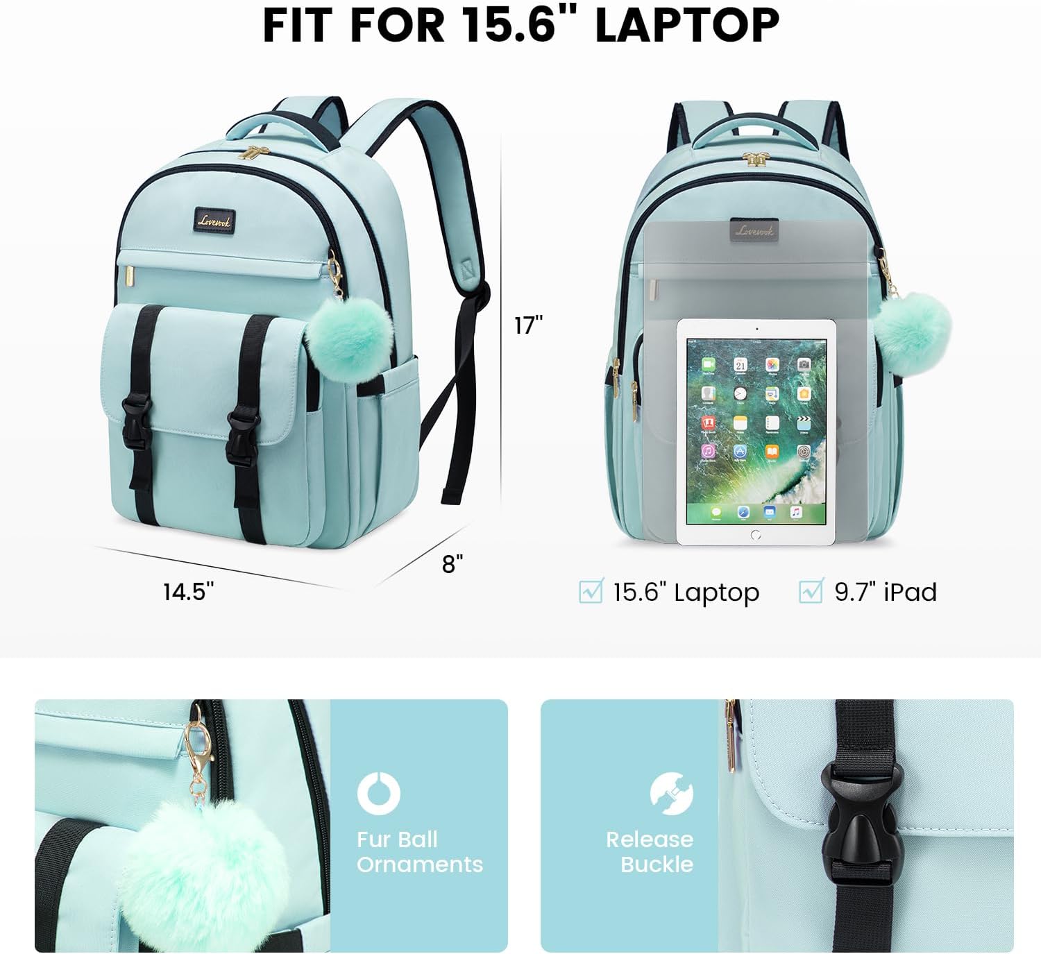 LOVEVOOK Mochila para laptop para mujer bolsas de computadora de negocios para viajes de trabajo, Verde (Mint Green), Mochila