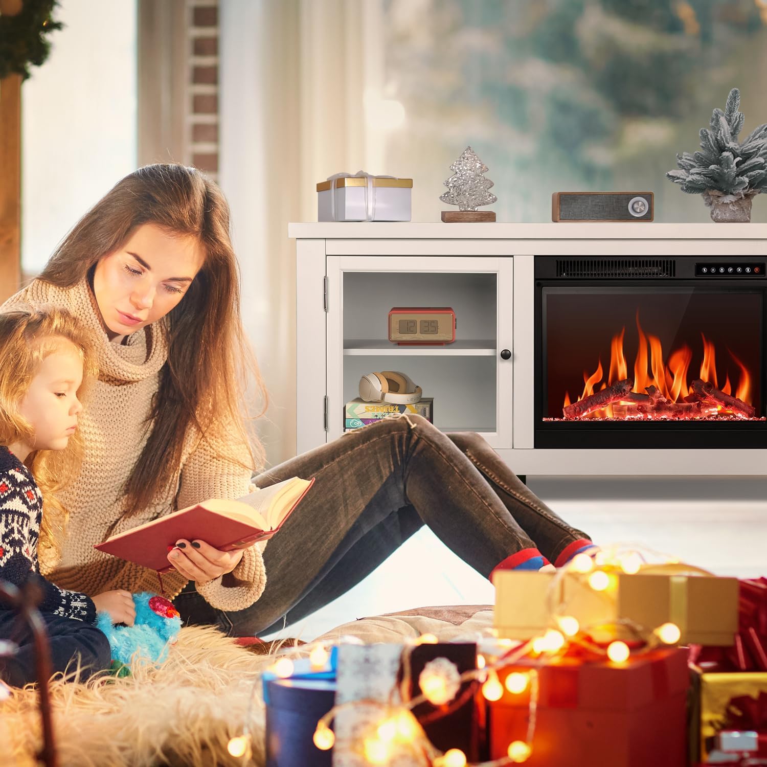 R.W.FLAME Soporte de TV con chimenea para TV de 60 pulgadas, moderno centro de entretenimiento con chimenea eléctrica de 23 pulgadas, muebles