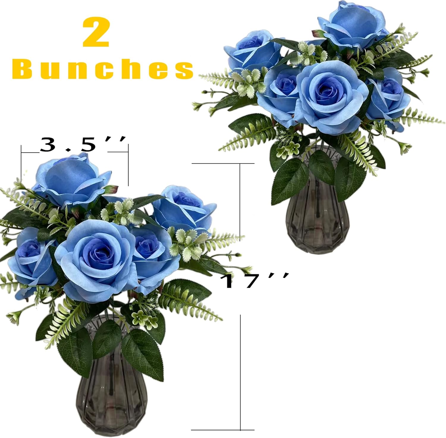 UKELER 2 racimos de rosas artificiales de seda azul con tallos para decoración del hogar, fiesta, festival, decoración de boda