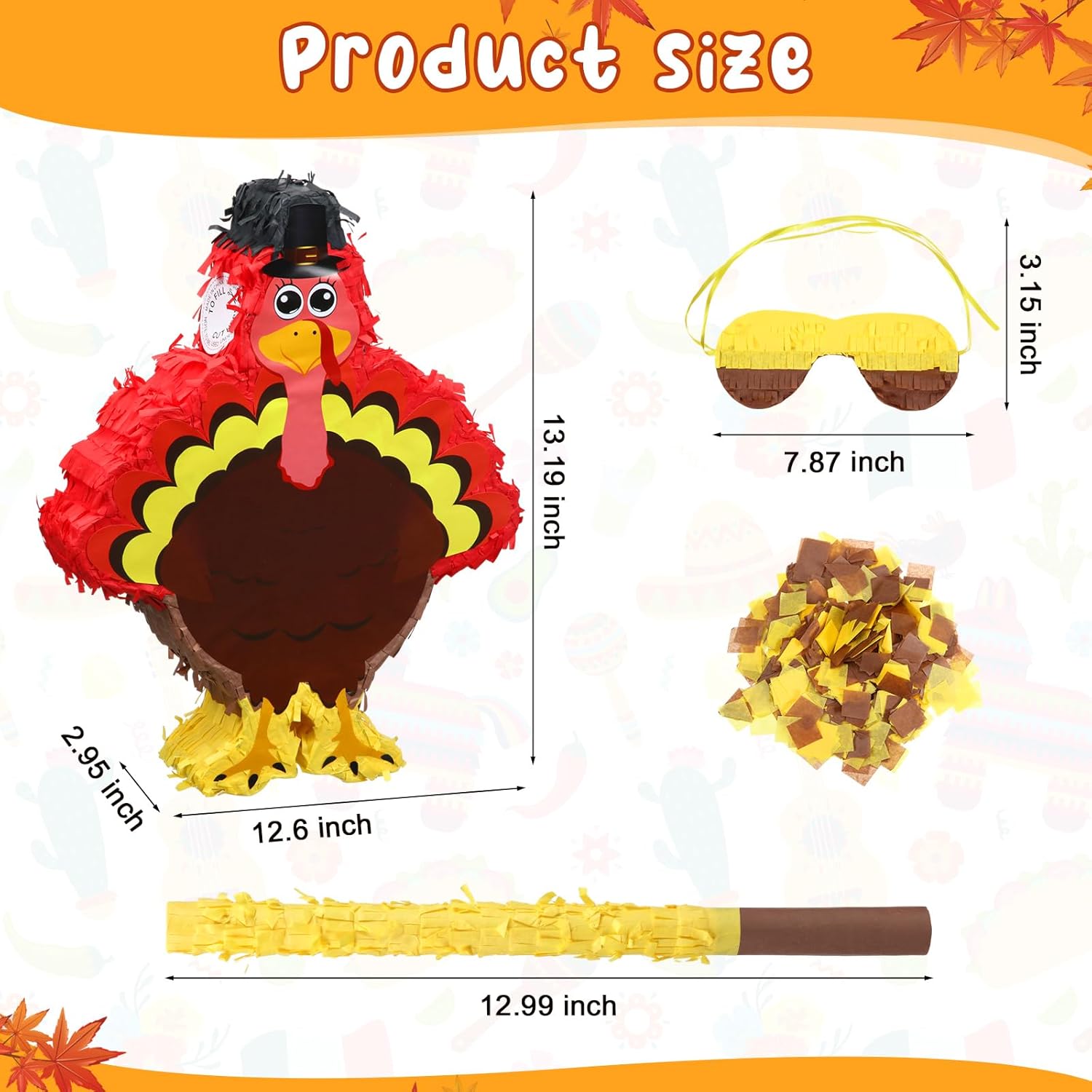Piñata de pavo de Acción de Gracias con palo y vendas de ojos y confeti con temática de otoño, decoración de baby shower, juegos de festival de