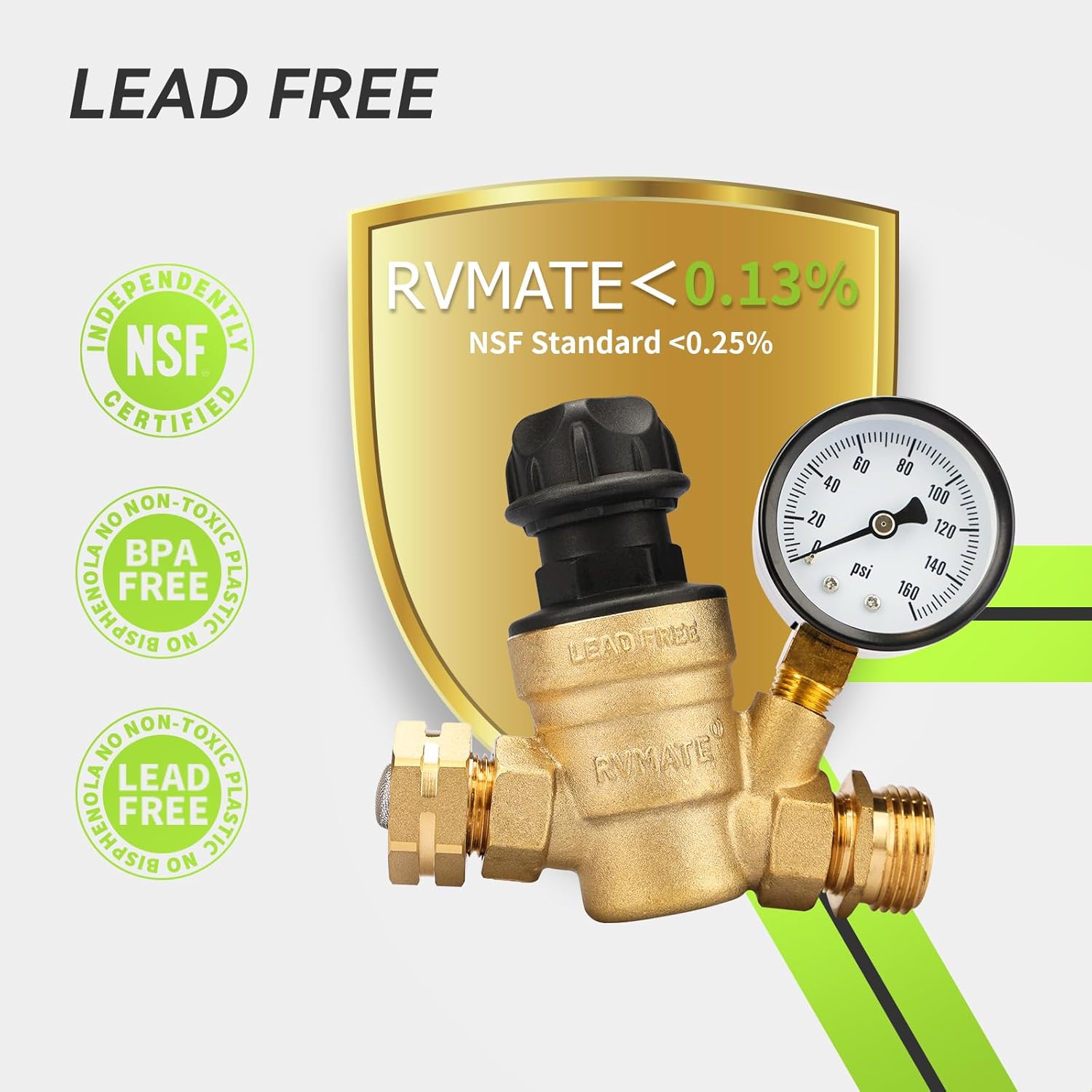 RVMATE Regulador de presión de agua RV con perilla ajustable, kit reductor de presión de agua de latón sin plomo, válvula ajustable con filtro de