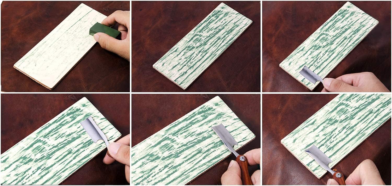 Trazo de cuero de doble cara de 8 x 3 pulgadas con cinta de doble cara, kit de compuesto de pulido verde y blanco para afilar cuchillos, cuchillos