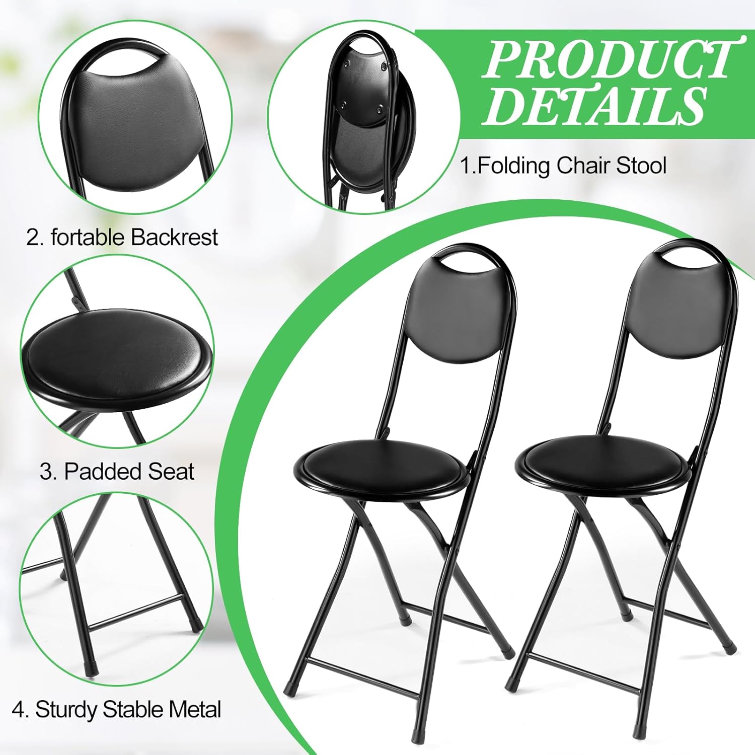 Taburete de bar plegable de 12 pulgadas, acolchado y acolchado, con parte trasera, sillas plegables de altura de mostrador portátil, silla plegable
