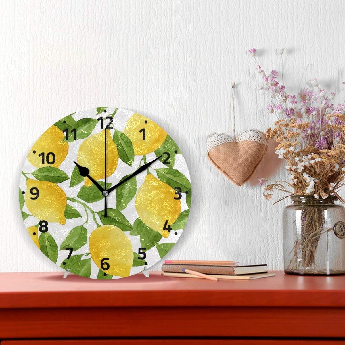 ALAZA Reloj de pared de árbol de hoja de limón que no hace tictac, reloj de escritorio decorativo para dormitorio, cocina, sala de estar, escuela,