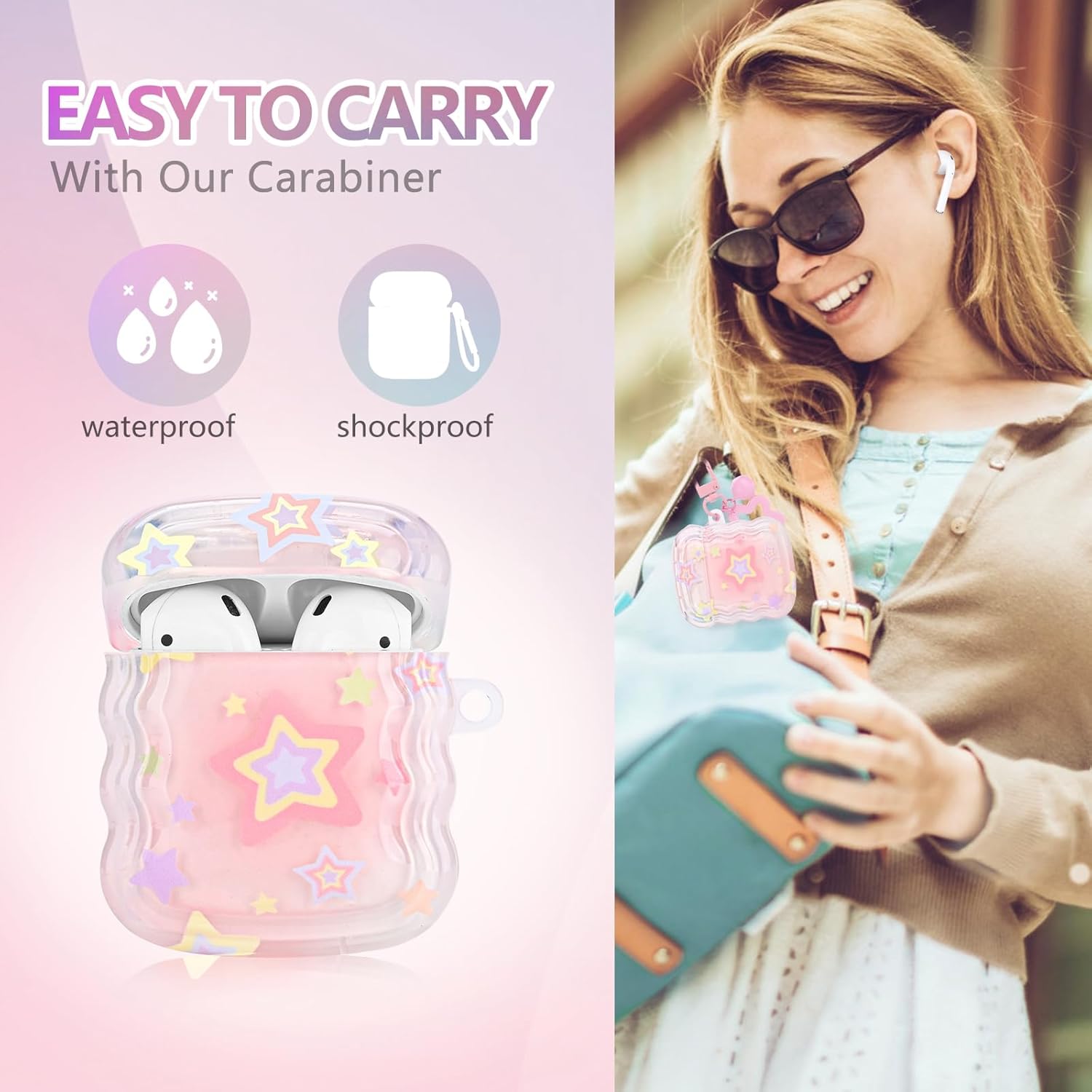 Bonita funda para Airpod con diseño de estrella kawaii, con llavero de estrella pequeña y campana, funda protectora suave compatible con Airpods de