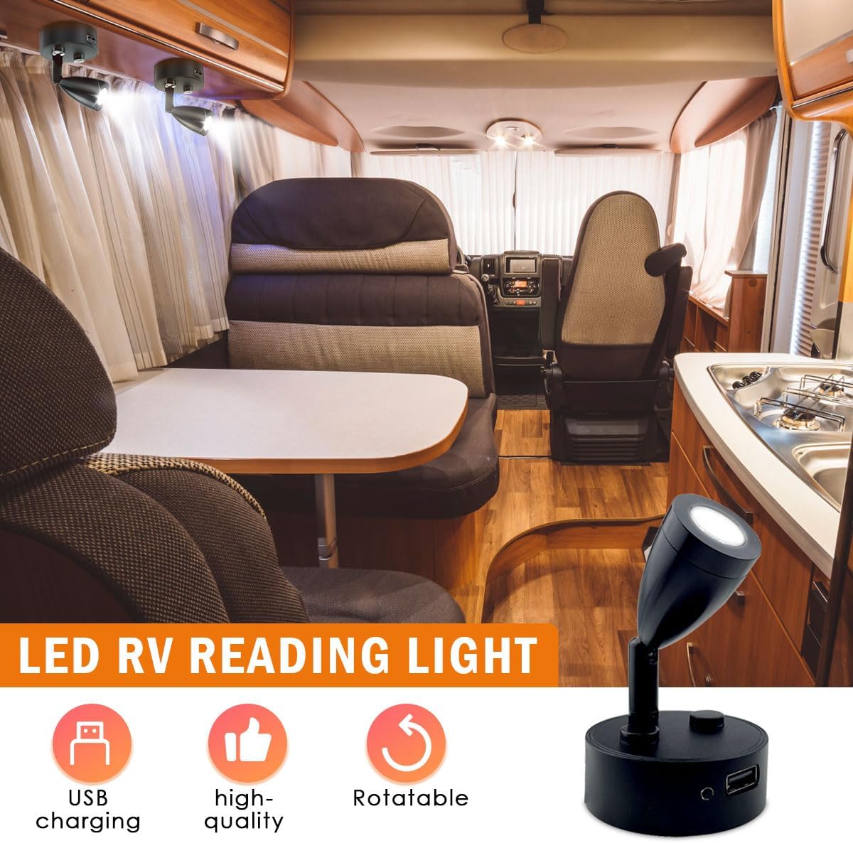 2 focos LED de 12 V a 24 V RV de tamaño pequeño, luz de lectura USB, puerto de carga USB, foco giratorio de 360, luz cálida de 3500 K regulable para