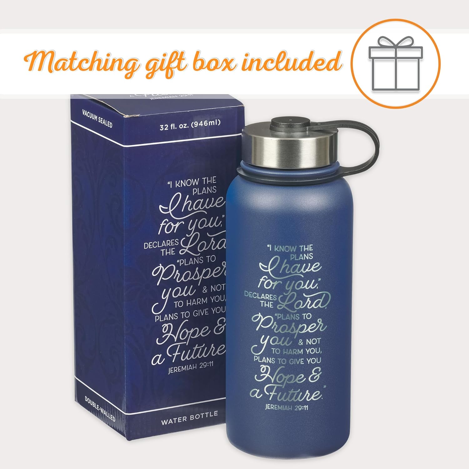 Christian Art Gifts Botella de agua grande de acero inoxidable de doble pared sellada al vacío para mujeres, hombres y graduados I Know the Plans –