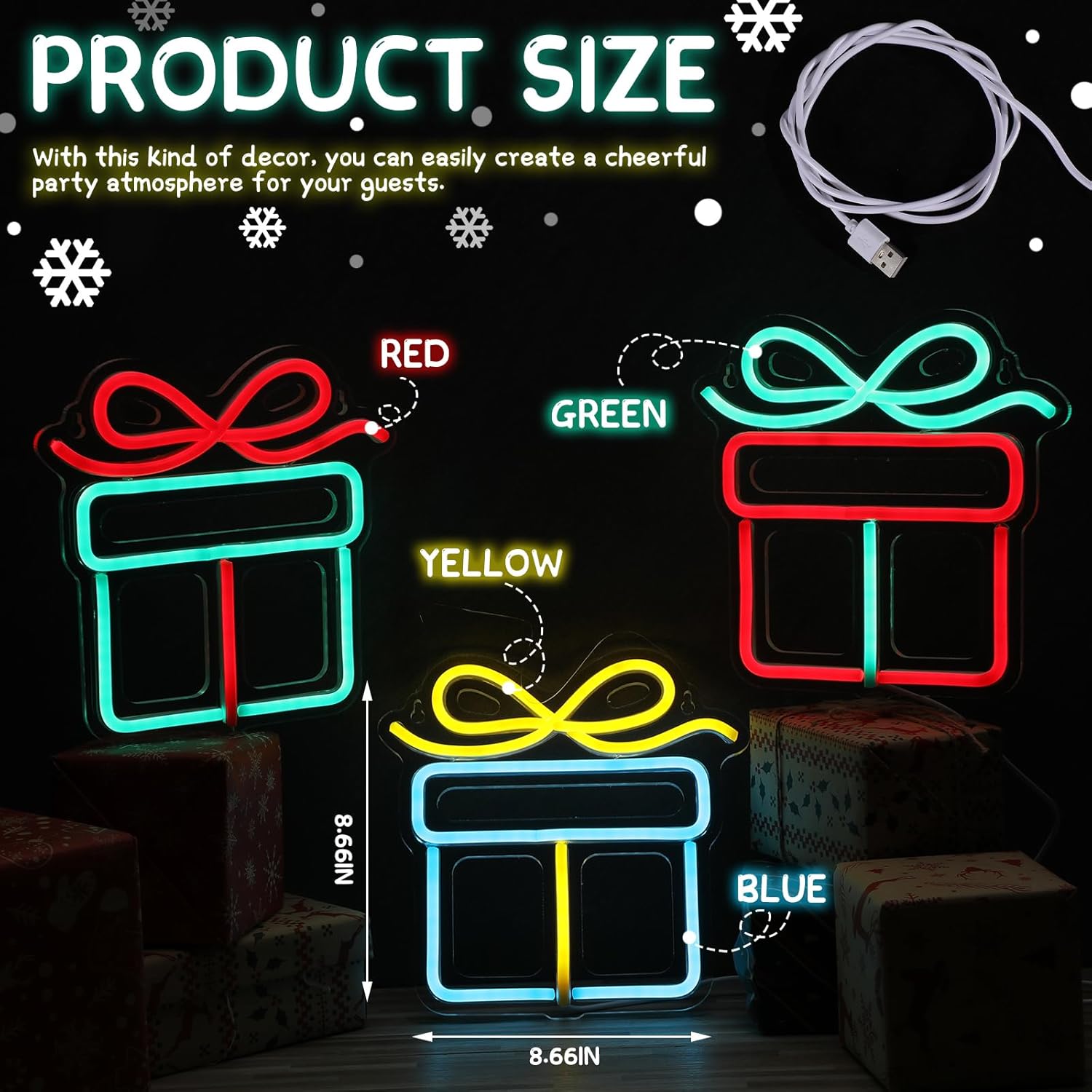 ROCEEI 3 letreros de neón de Navidad, caja de regalo de luces de neón de Navidad, luces LED de neón, barra de pared USB, decoración de sala de estar