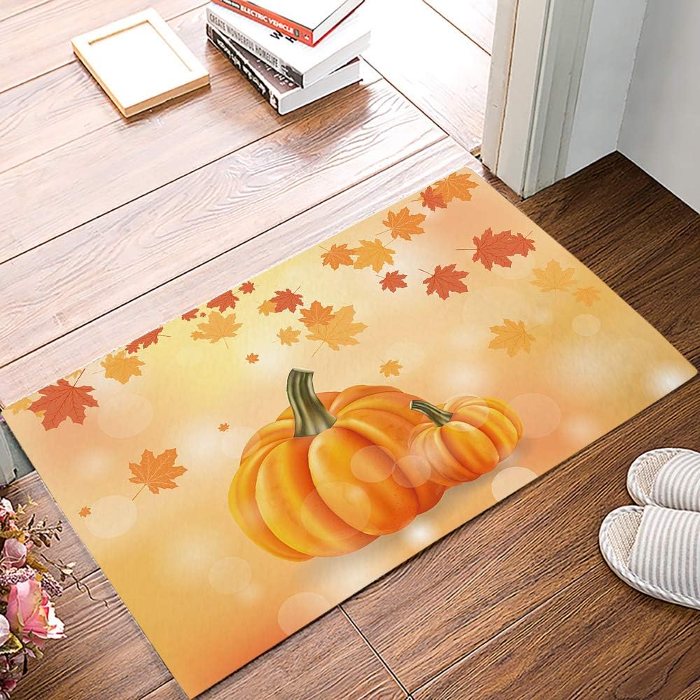 Maple Leaves Pumpkin Autumn Fall Bathroom Rugs Non Slip Bath Mat,Washable Bath Rugs Absorbent Soft Microfiber Memory Foam Carpet for Bath Tub Shower