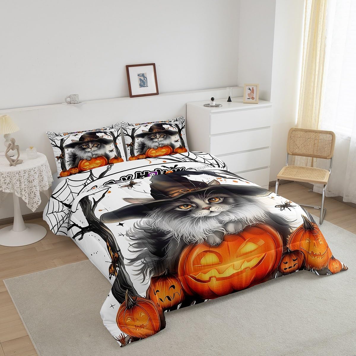 Juego de ropa de cama de Halloween tamaño Queen, lindo juego de edredón con temática de truco o trato, juego de edredón de calabaza de Halloween,