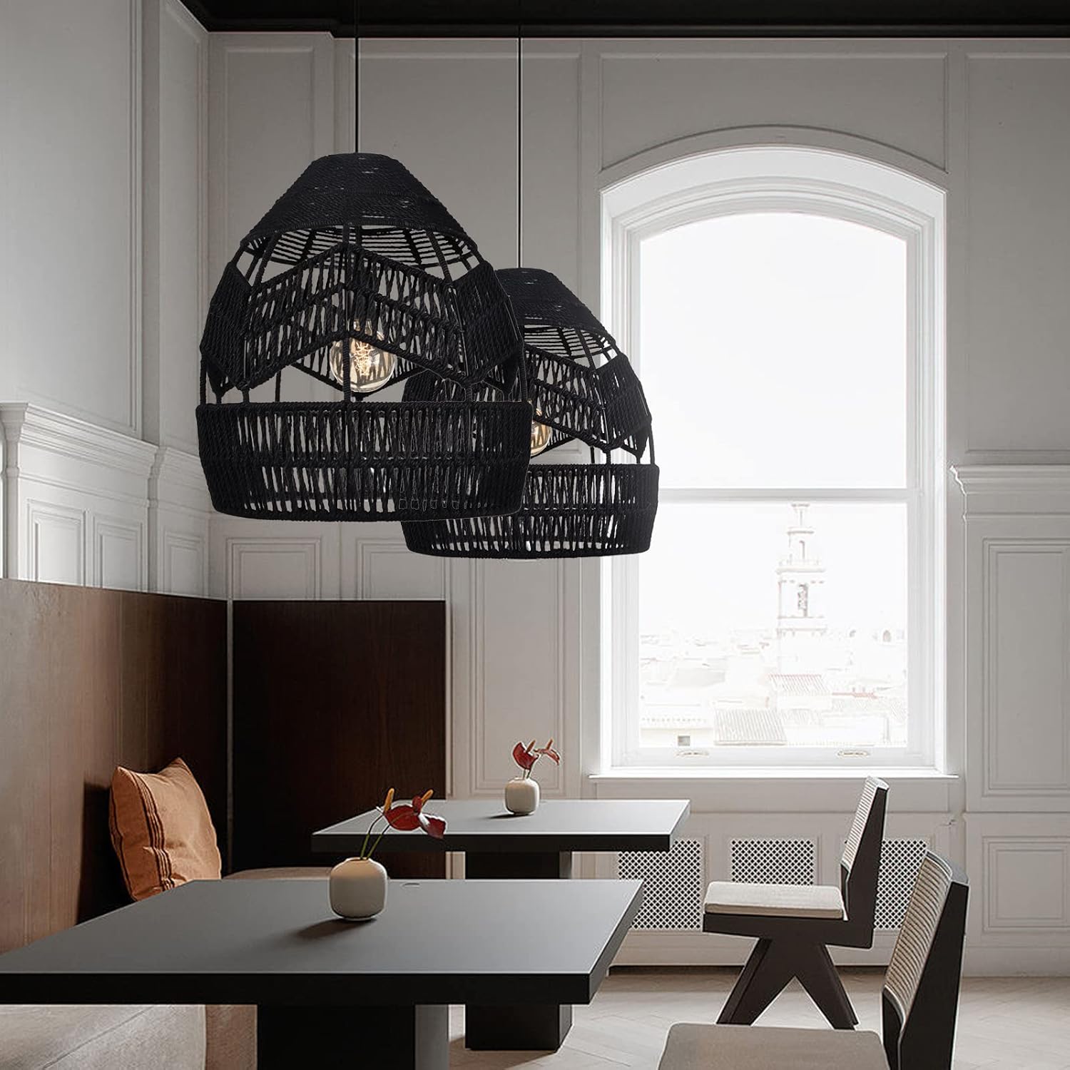Arturesthome Lámpara de araña negra de metal de cuerda de cáñamo de mimbre, retro hogar colgante lámpara de iluminación de techo dormitorio cocina