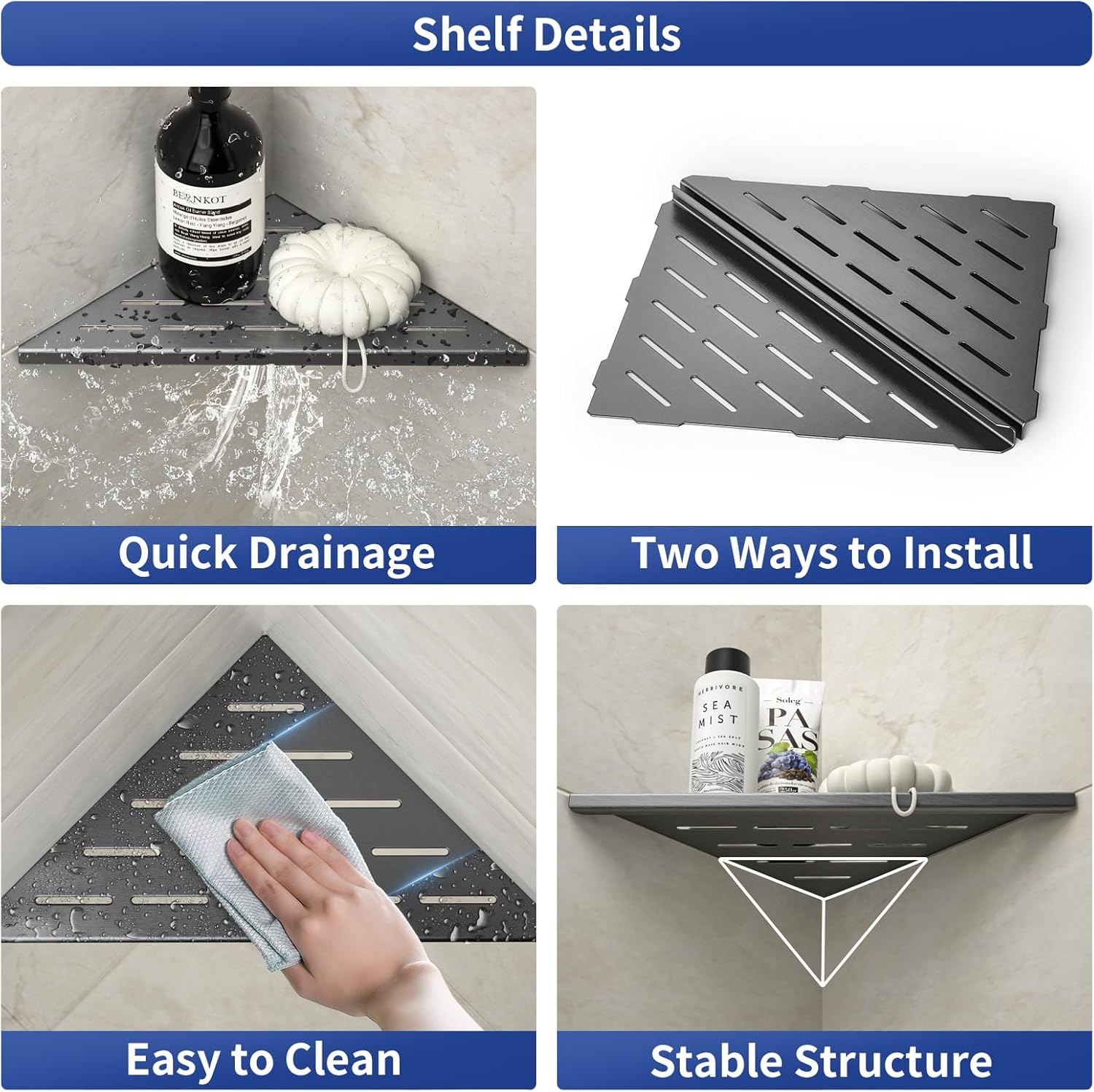 Estante esquinero de ducha, estantes de baño de acero inoxidable 304 con diseño de ranura para pared de azulejos, soporte empotrado para champú para