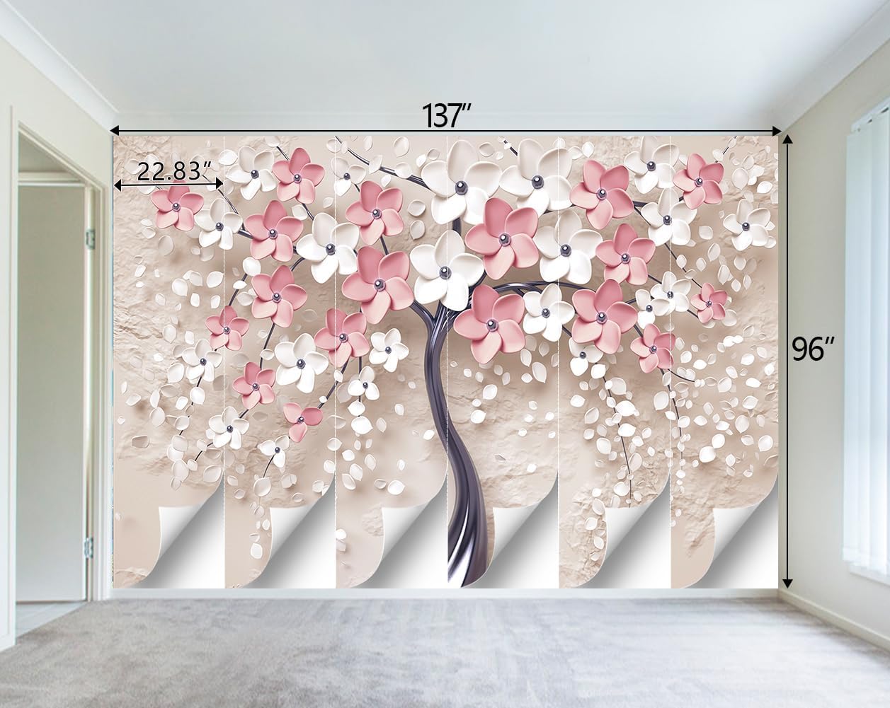Mural en relieve 3D con diseño de flores rosas y árboles, para dormitorio, decoración de habitación, sala de estar, fondo de televisión, mural de