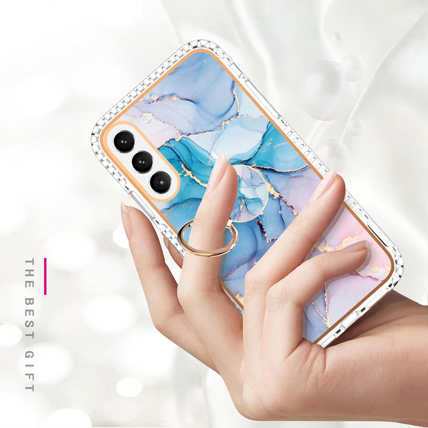 Asuwish Funda de teléfono para Samsung Galaxy S21 FE 5G con protector de pantalla y soporte para anillo de mármol, a prueba de golpes, silicona TPU,