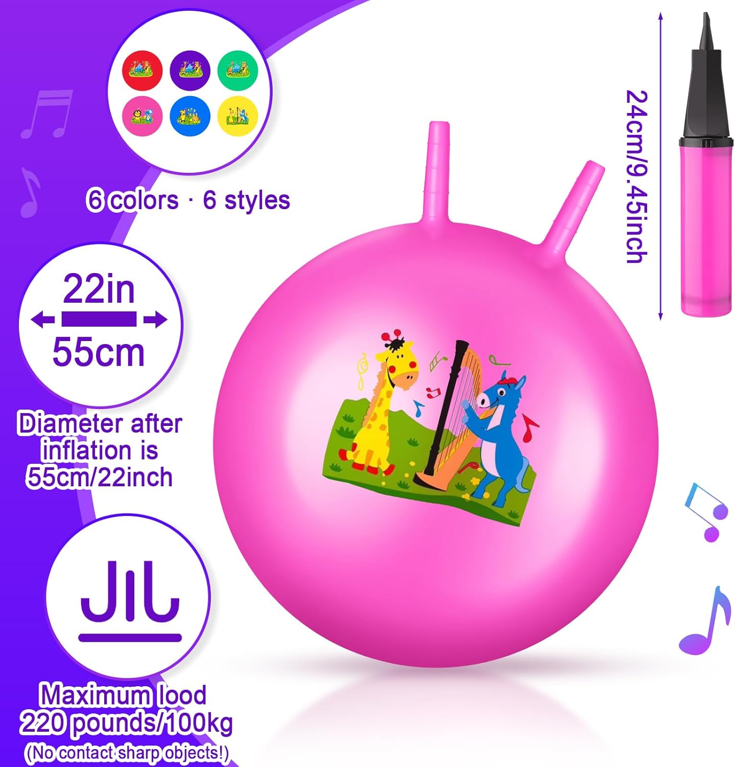 6 bolas hinchables, 22 pulgadas inflables de estilo animal, bola de rebote con asa, juguetes de salto de ejercicio para juegos de interiores y