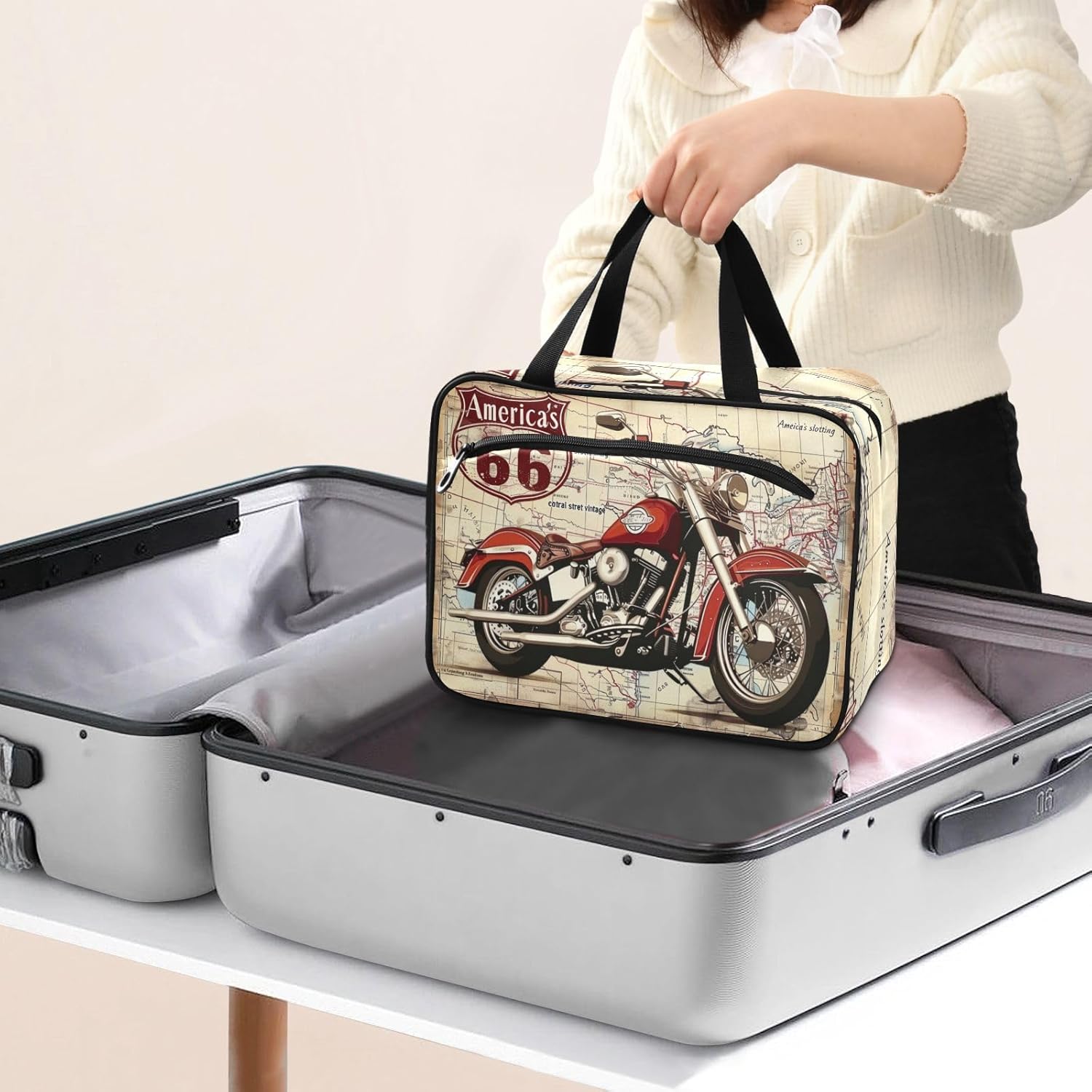 Bolsas de cosméticos vintage para colgar en motocicleta, bolsa de aseo para mujer, bolsa de aseo grande impermeable para ducha, bolsa de viaje para