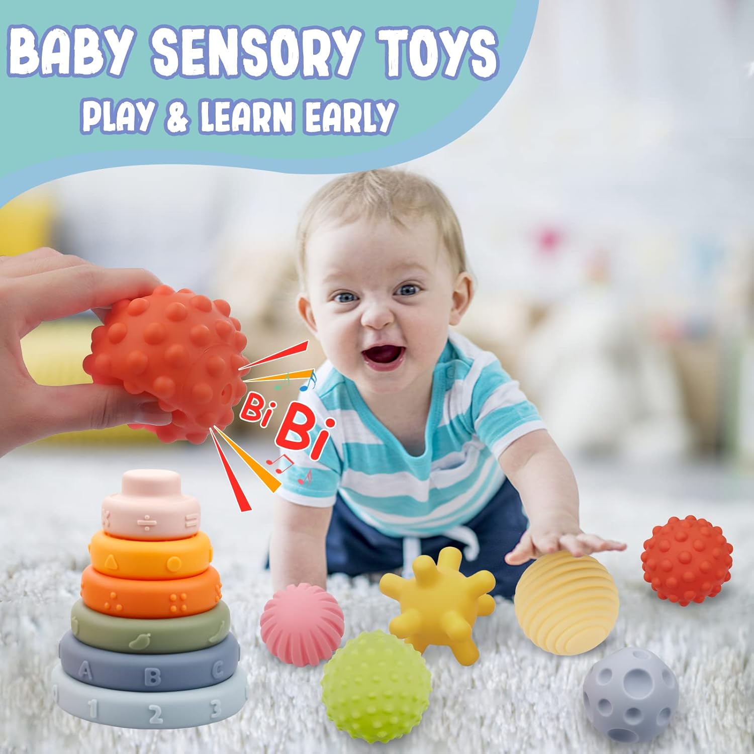 Bloques apilables suaves para bebé juguetes sensoriales Montessori 3 en 1 para bebés de 0 a 3 a 6 a 9 a 12 meses, bloques de construcción, bolas