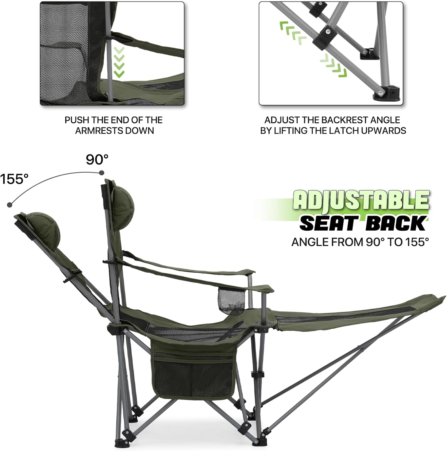 Magshion Silla de camping plegable reclinable con reposapiés para adultos, silla plegable resistente con reposapiés, juego de 2, verde oscuro
