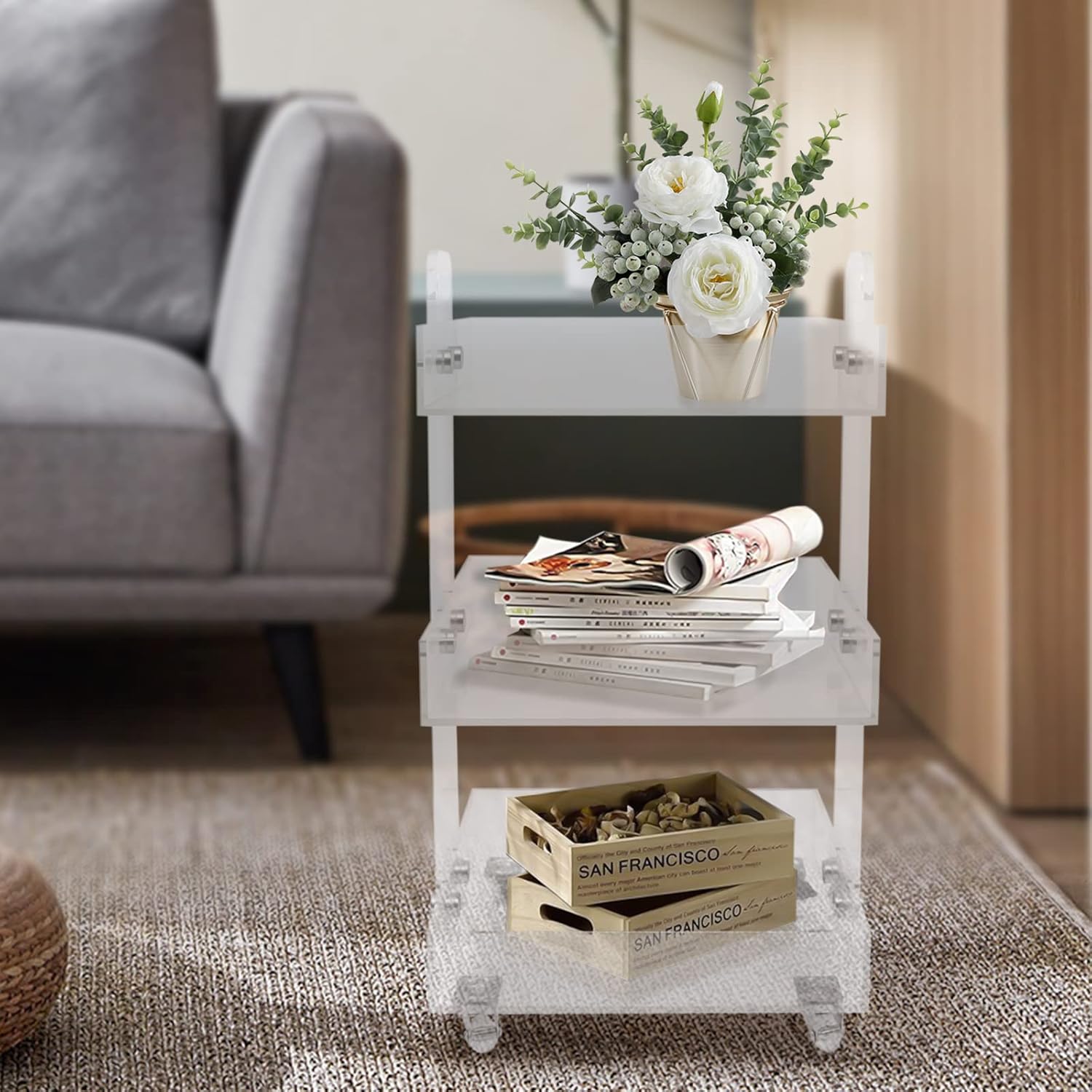 Carrito de acrílico de 3 niveles, carrito de almacenamiento multiusos, organizador de almacenamiento móvil con ruedas para baño, cocina, lavandería
