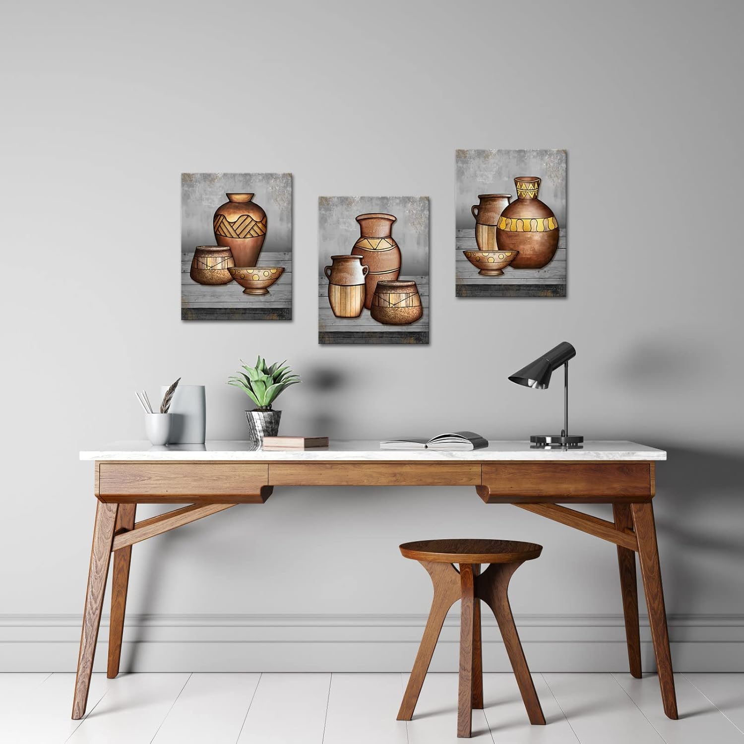 RyounoArt Lienzo africano de 3 piezas de arte de pared de cerámica antigua, pintura tradicional de jarrón tribal, impresiones para decoración de