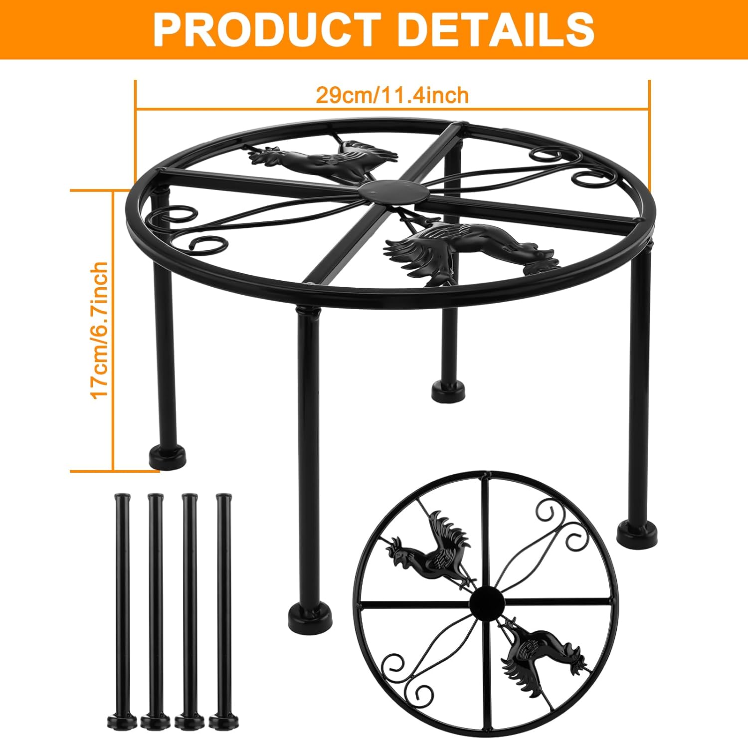 Soporte de metal para comedero y bebedero de pollo, 2 piezas, 4 patas de hierro desmontables, 11.4 in de diámetro, 7.1 in de altura, adecuado para