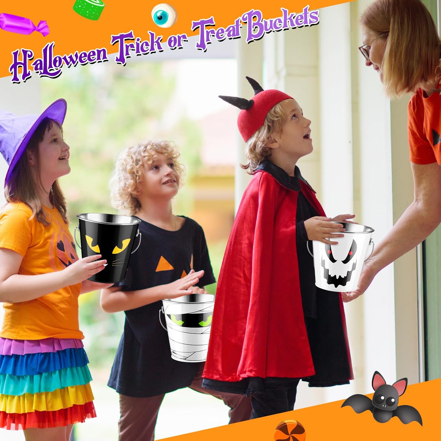 6 cubos de Halloween de metal a granel para niños, regalos de fiesta, cubo de dulce o truco con asa, cubo de dulces de calabaza de color calabaza