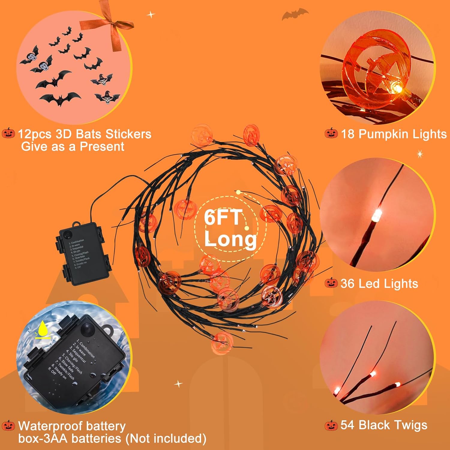 Luces LED de Halloween, decoraciones impermeables luces de vid de sauce para pared interior, funciona con pilas, murciélagos encantados de