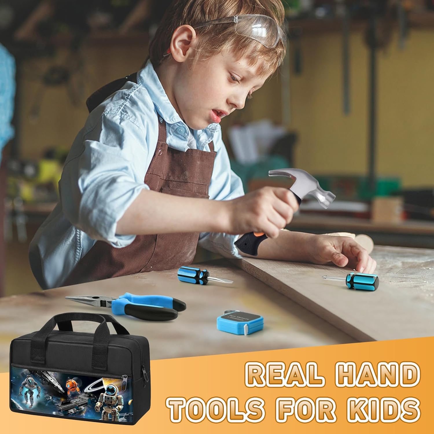 VIGRUE Juego de herramientas para niños, kit de herramientas manuales reales con cinturón y bolsa, accesorios de aprendizaje pequeños para