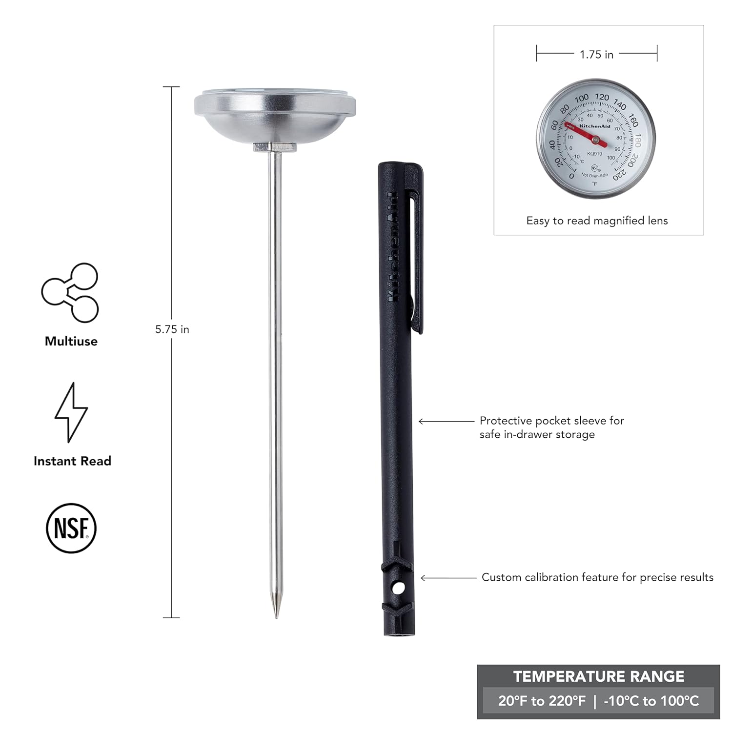 KitchenAid Termómetro analógico de lectura instantánea para alimentos y carne con dial de 1.75 pulgadas, función de recalibración, funda de