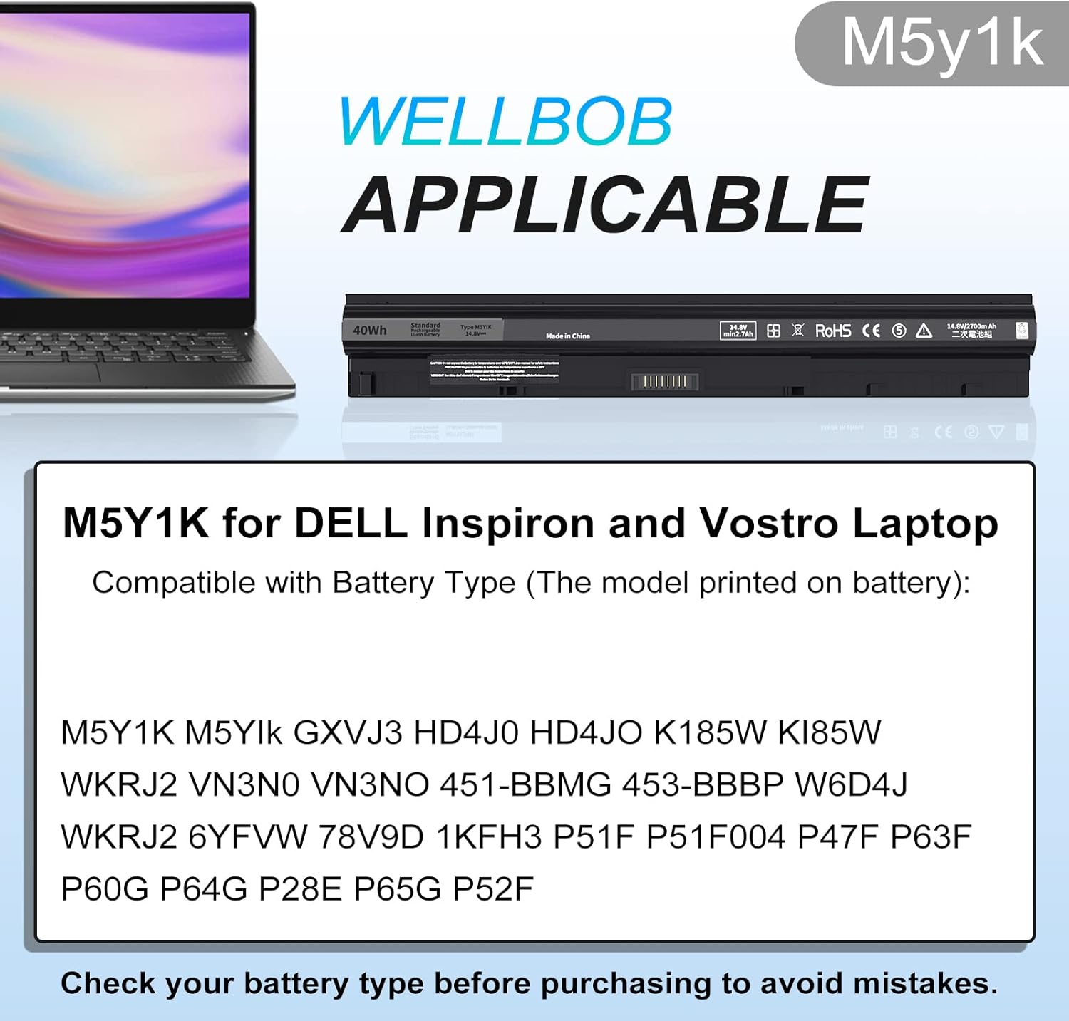 Batería M5Y1K para batería Dell Inspiron 5559 5558, para Dell Inspiron 15 3000 5000 batería 3558 3567 5555 5566 5759, compatible con batería de