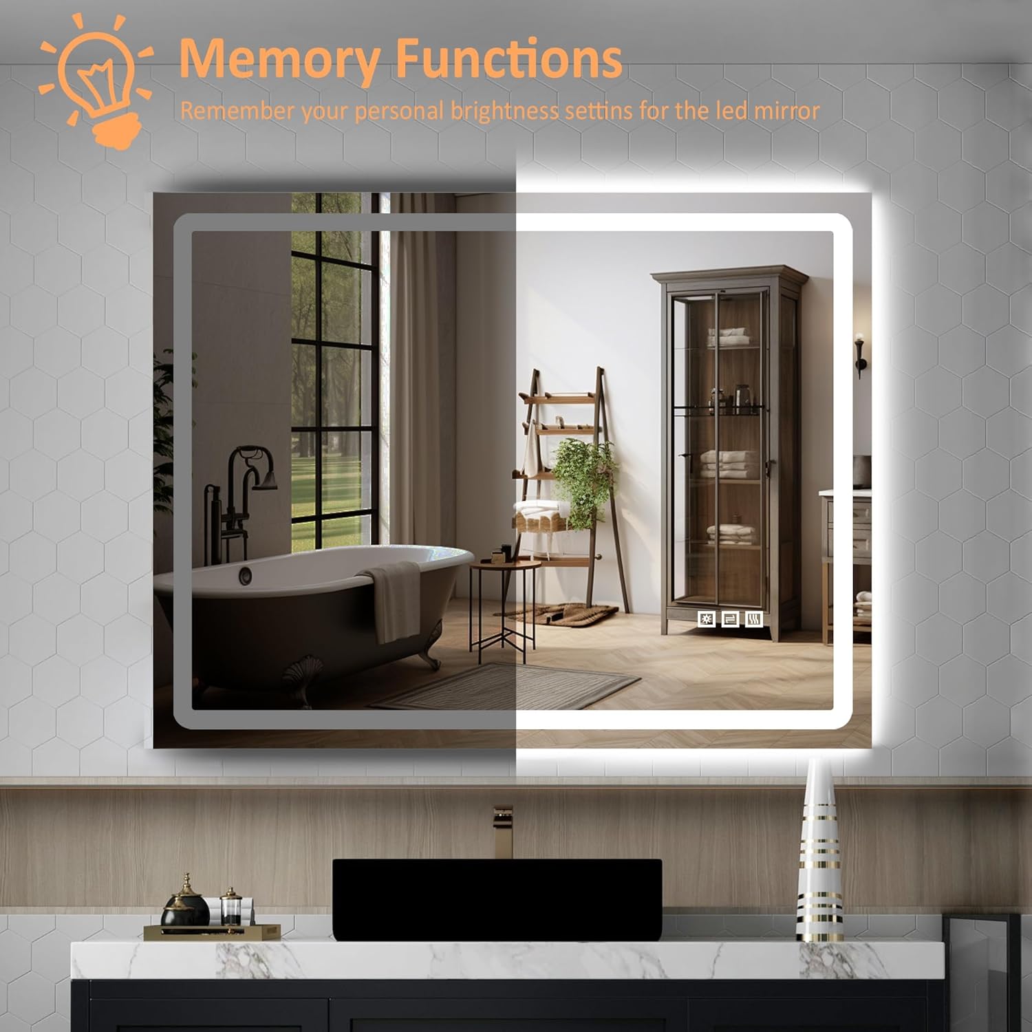 DURASPACE Espejo de baño LED de 36 x 28 pulgadas con luz frontal y retroiluminada, espejo de pared de tocador regulable, espejos de memoria antivaho