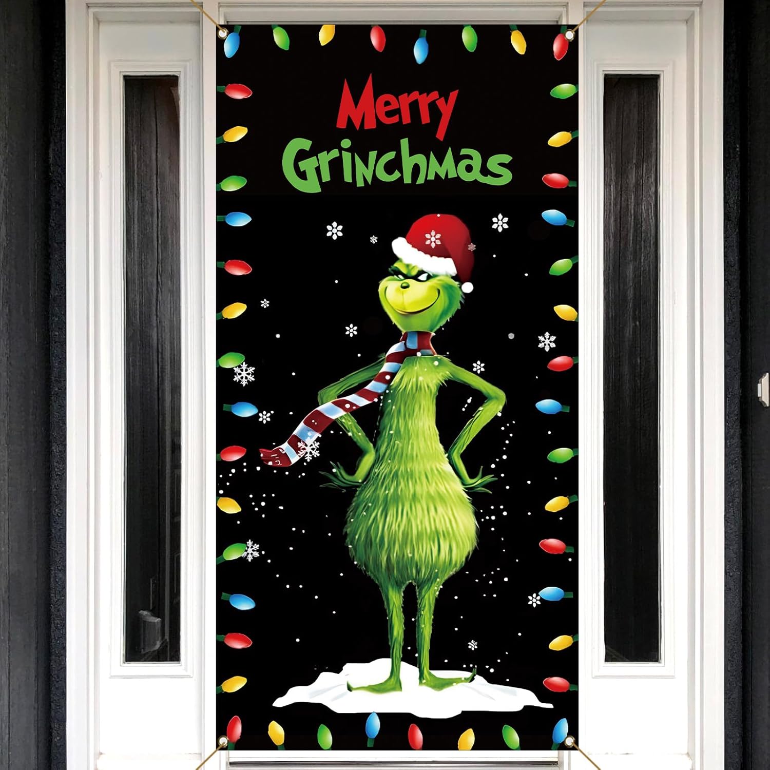 Vohado Merry Grinchmas – Cubierta de puerta de Navidad, Whoville, decoración de fiesta de invierno, decoración de porche frontal, fondo para