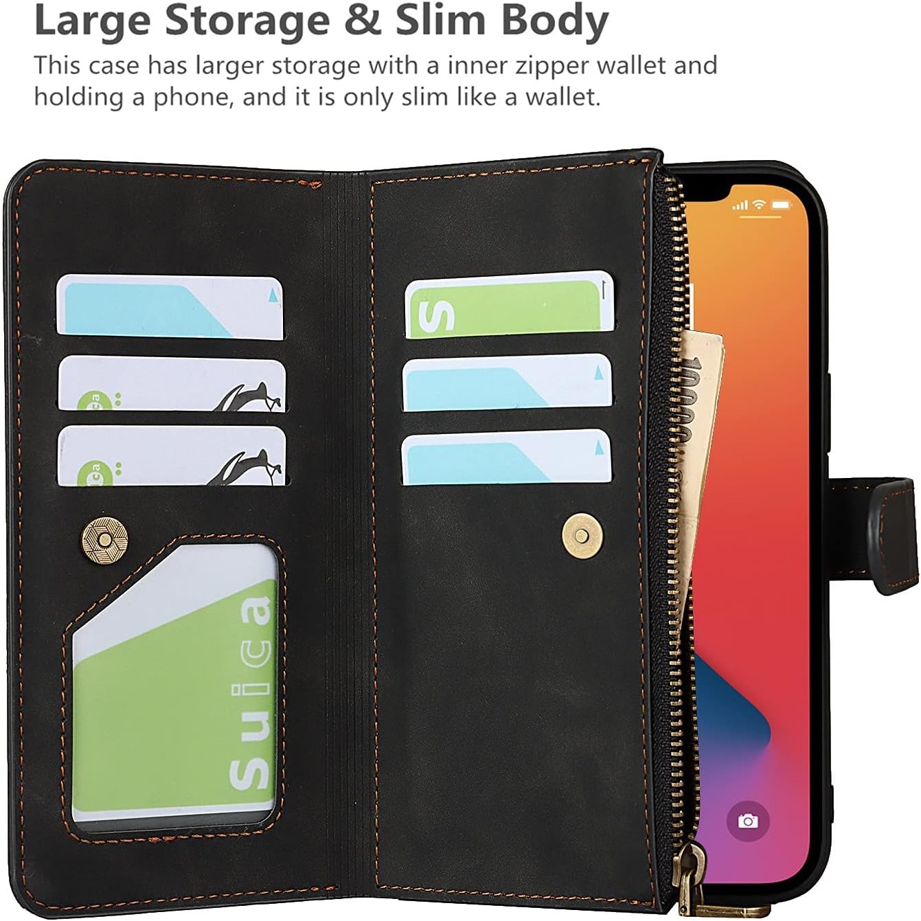 iCoverCase Funda tipo cartera para iPhone 13 Pro con tarjetero y correa para la muñeca, de piel sintética, ranuras para tarjetas, bolsillo con