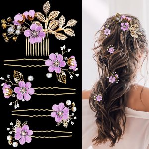 Flores moradas para el pelo para mujer, flores de boda, flores nupciales, horquillas para el cabello, tocado de hoja dorada, flores blancas, Flores moradas para el pelo para mujer, flores de boda, flores nupciales, horquillas para el cabello, tocado de hoja dorada, flores blancas,