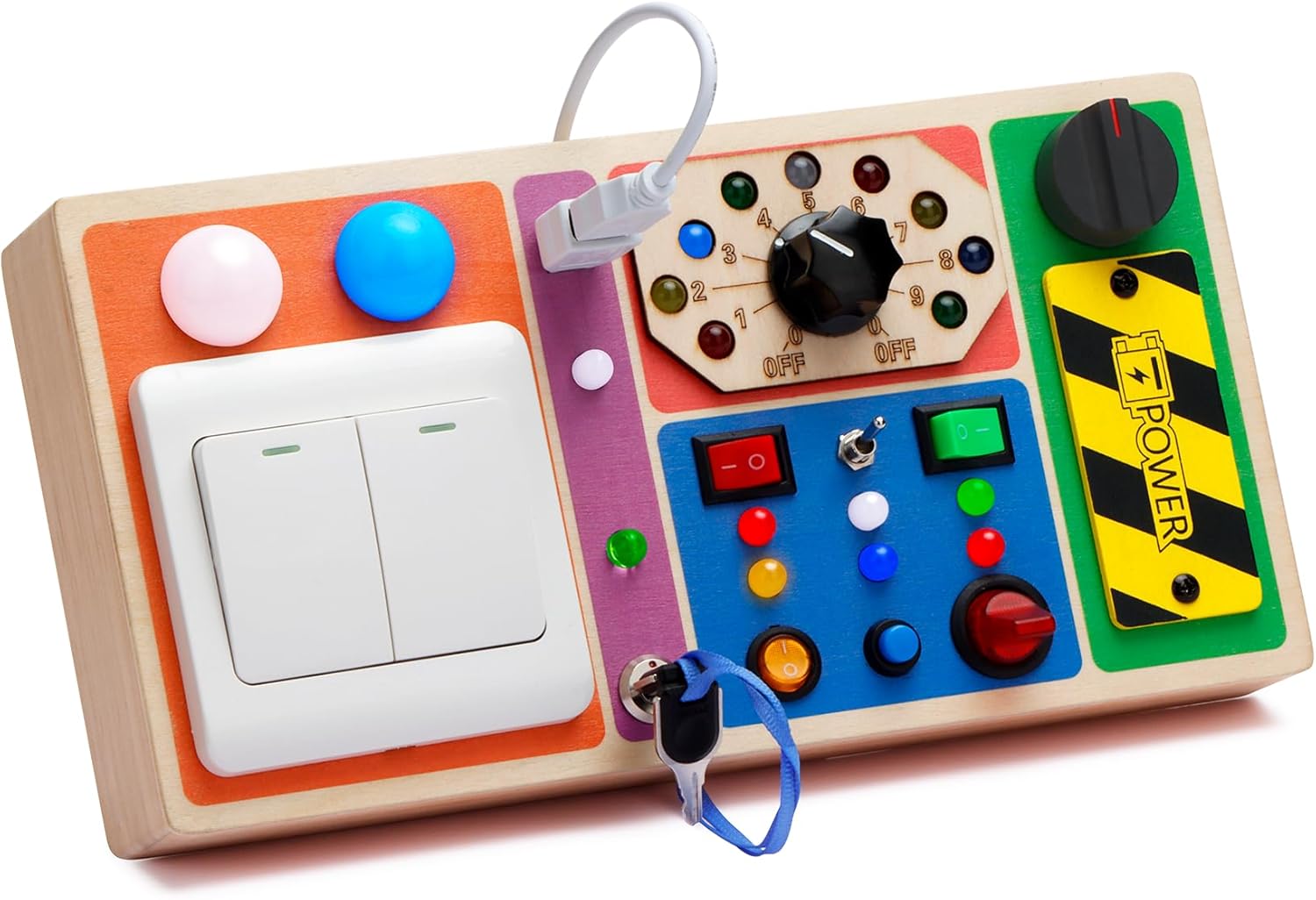 Montessori – Tablero sensorial para bebés de 1, 2, 3, 4 años, tablero de madera con 19 luces LED, juguetes de interruptor, juguete de botón para