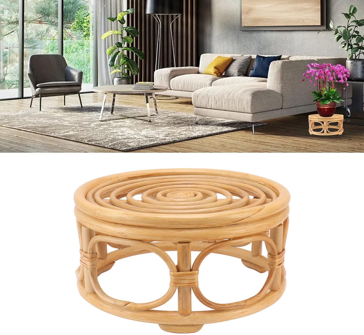 Pequeño soporte redondo bohemio para plantas de ratán para interiores, soporte rústico para plantas de granja, para el hogar, cocina, mesa,