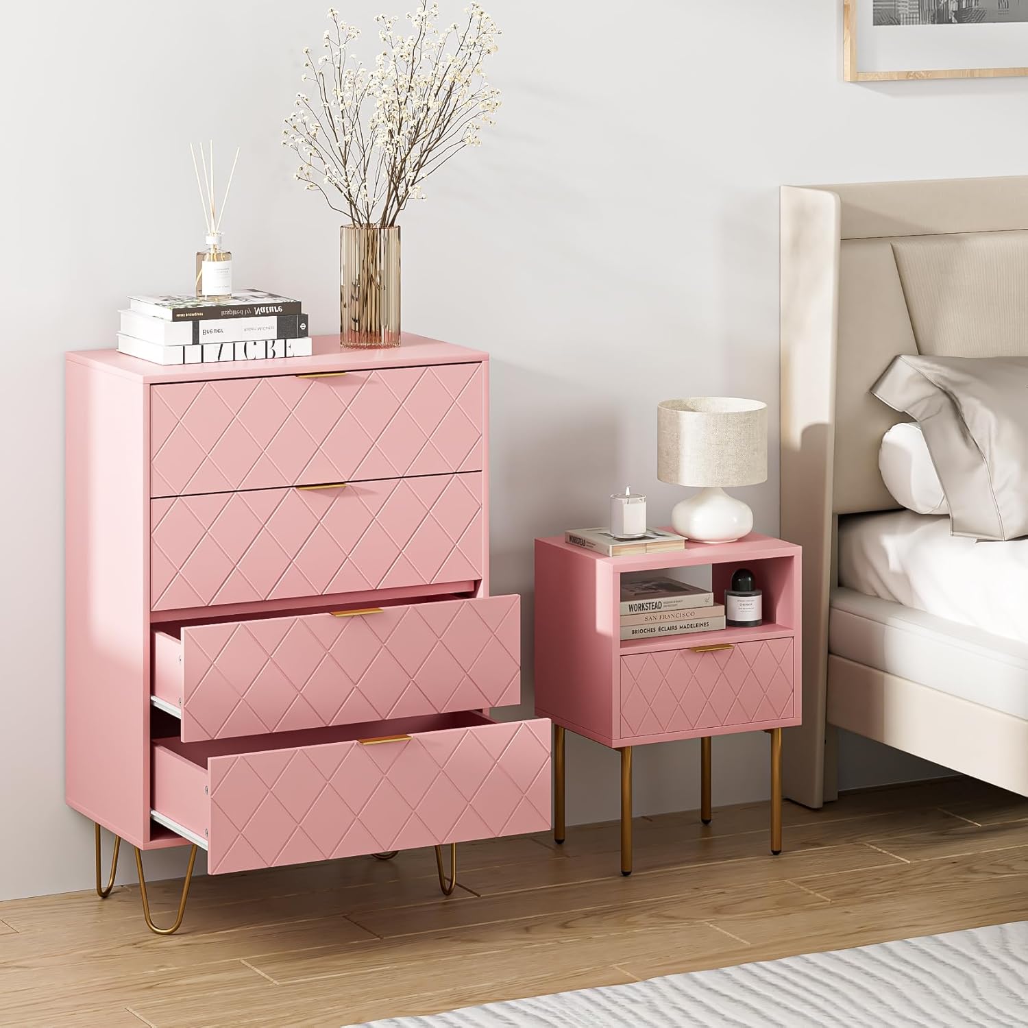 Cómoda de 4 cajones, cajón, armario de almacenamiento alto con patas de metal, cómoda pequeña para dormitorio, sala de estar, armario, pasillo,