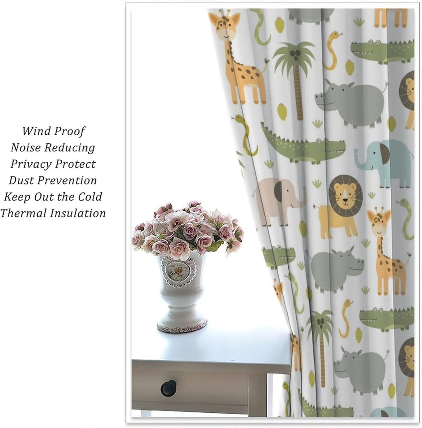 Cortinas de animales de safari para guardería, tratamiento de ventana para dormitorio de niños, bebé, niños, bosque, selva, bosque, león, elefante,