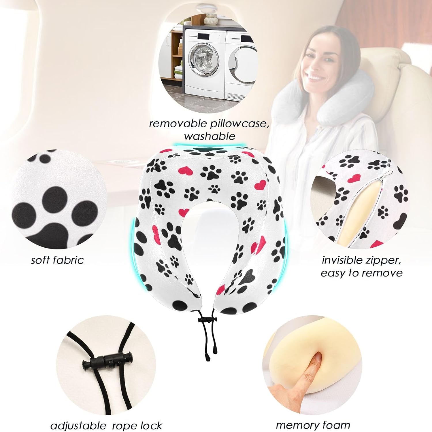 Almohada portátil para el cuello con forma de U y corazón de perro y gato para viajes, almohada de avión en forma de U para vuelo largo, almohada de