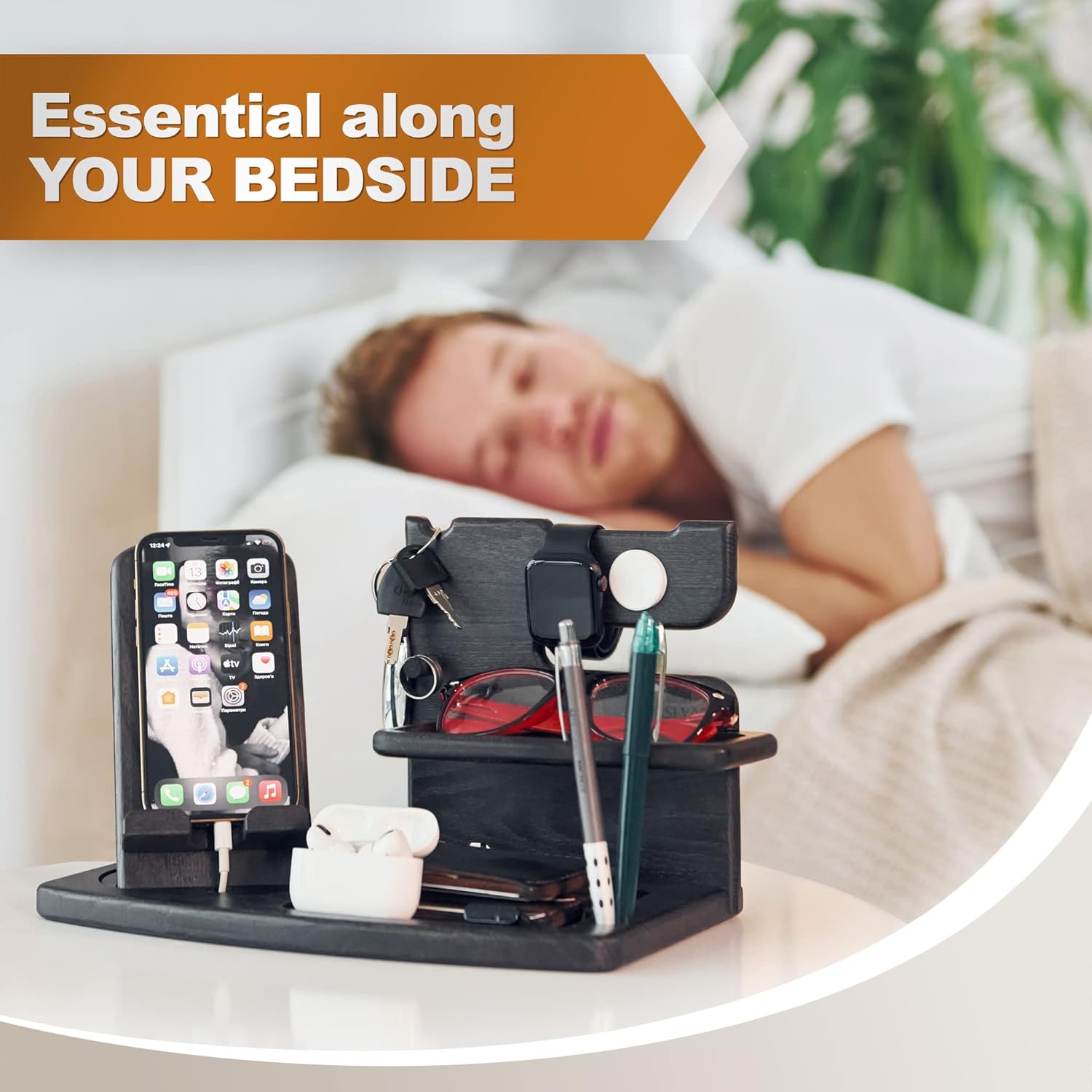 TESLYAR Estación de acoplamiento giratoria de madera para teléfono con reloj para iPhone, soporte para llaves de ceniza, soporte para cartera,