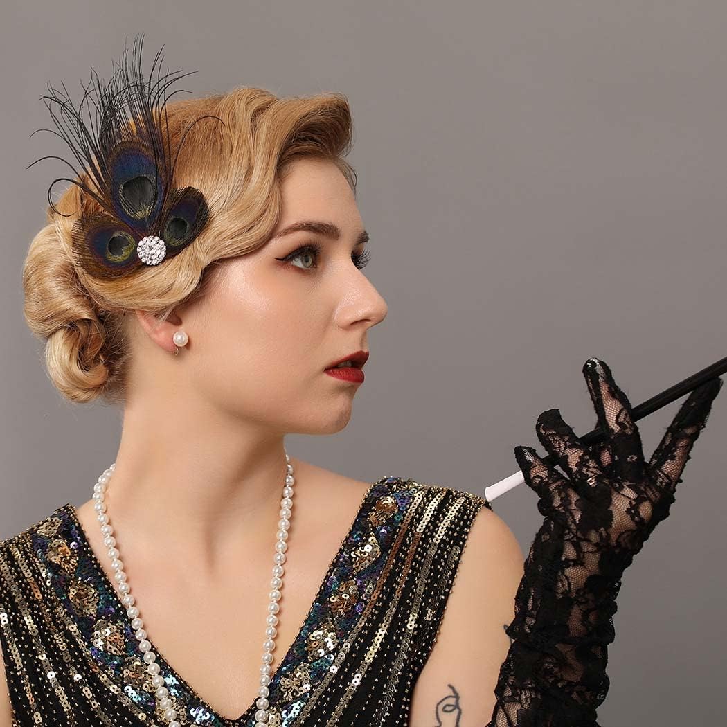GORTIN Pinza para el pelo de plumas de los años 20, diadema de plumas de gran Gatsby, tocado de plumas de pavo real negro, diadema de Rhiestone,