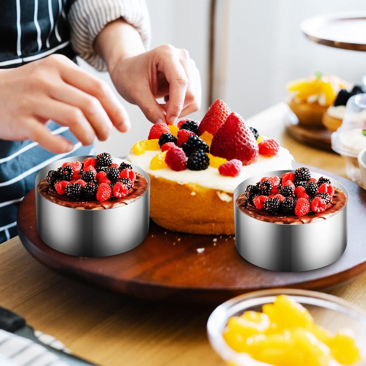 Moldes de anillo para hornear moldes redondos de acero inoxidable para mousse de postre de 3 pulgadas con empujador elevador de atún tartar, 8